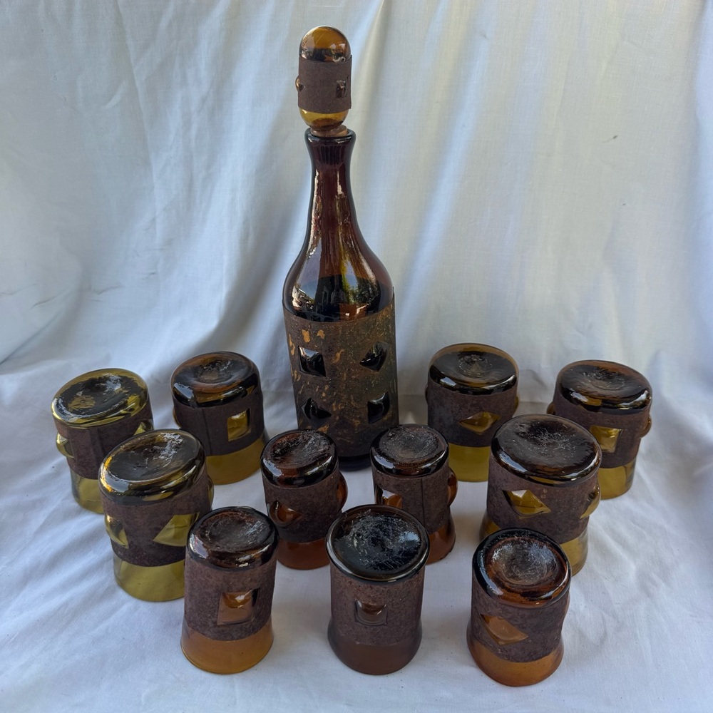 VINTAGE BRUTALIST FELIPE DERFLINGHER IMPRISONED GLASS DECANTER & GLASSES 12PCSET - Picture 7 of 13